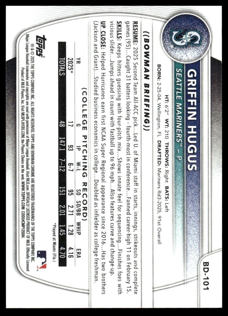 2025 Bowman Draft #BD-101 Griffin Hugus