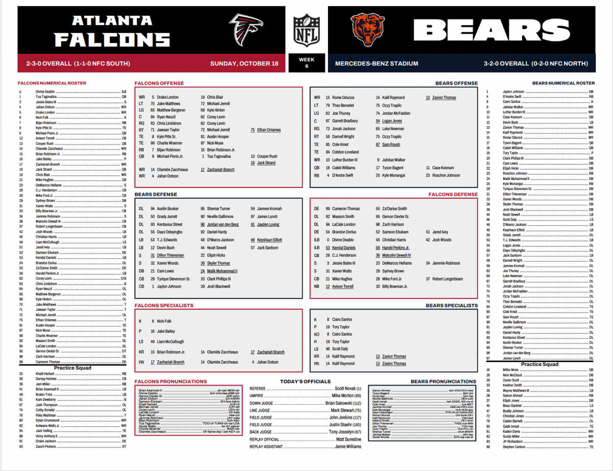 2026 NFL Atlanta Falcons vs Chicago Bears 10/18/26 Flip Card Program
