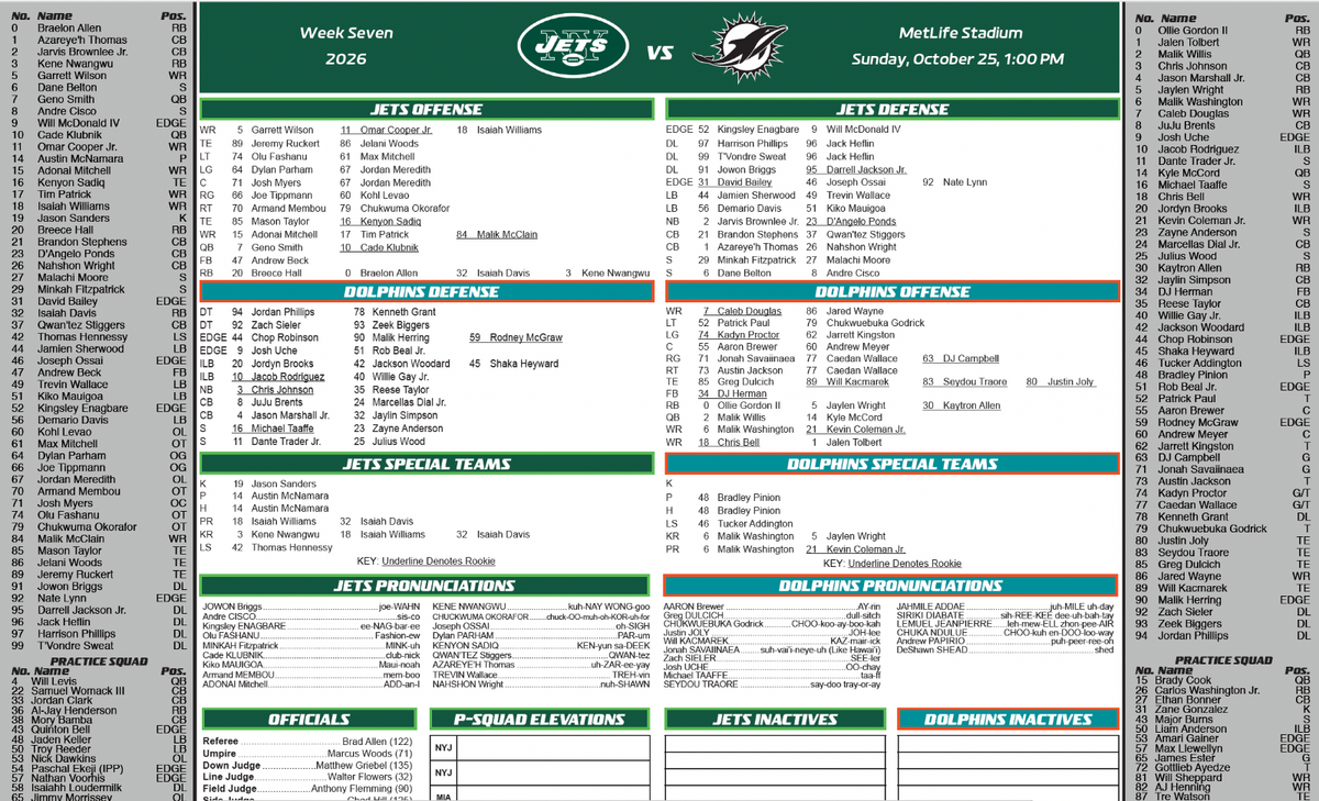 2026 NFL New York Jets vs Miami Dolphins 10/25/26 Flip Card Program