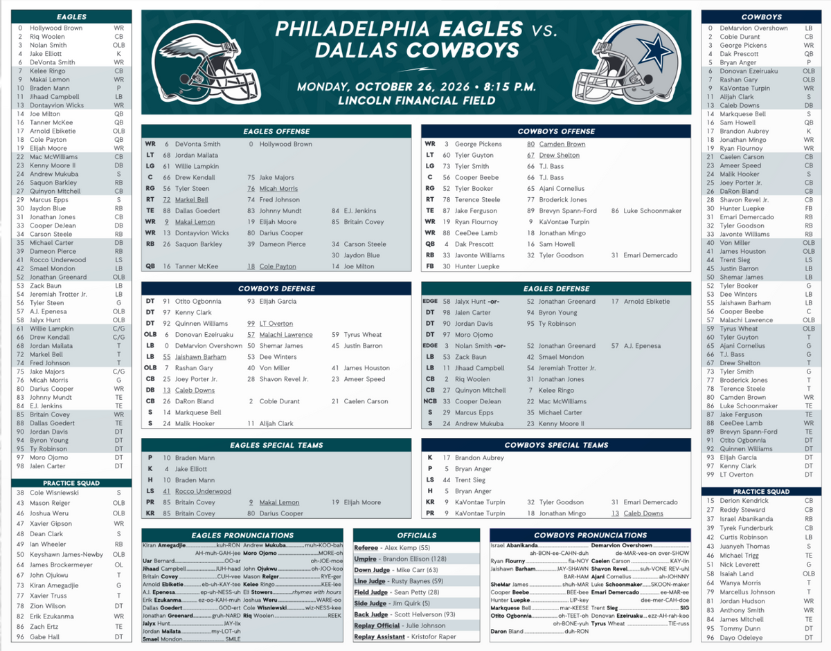 2026 NFL Philadelphia Eagles vs Dallas Cowboys 10/26/26 Flip Card Program