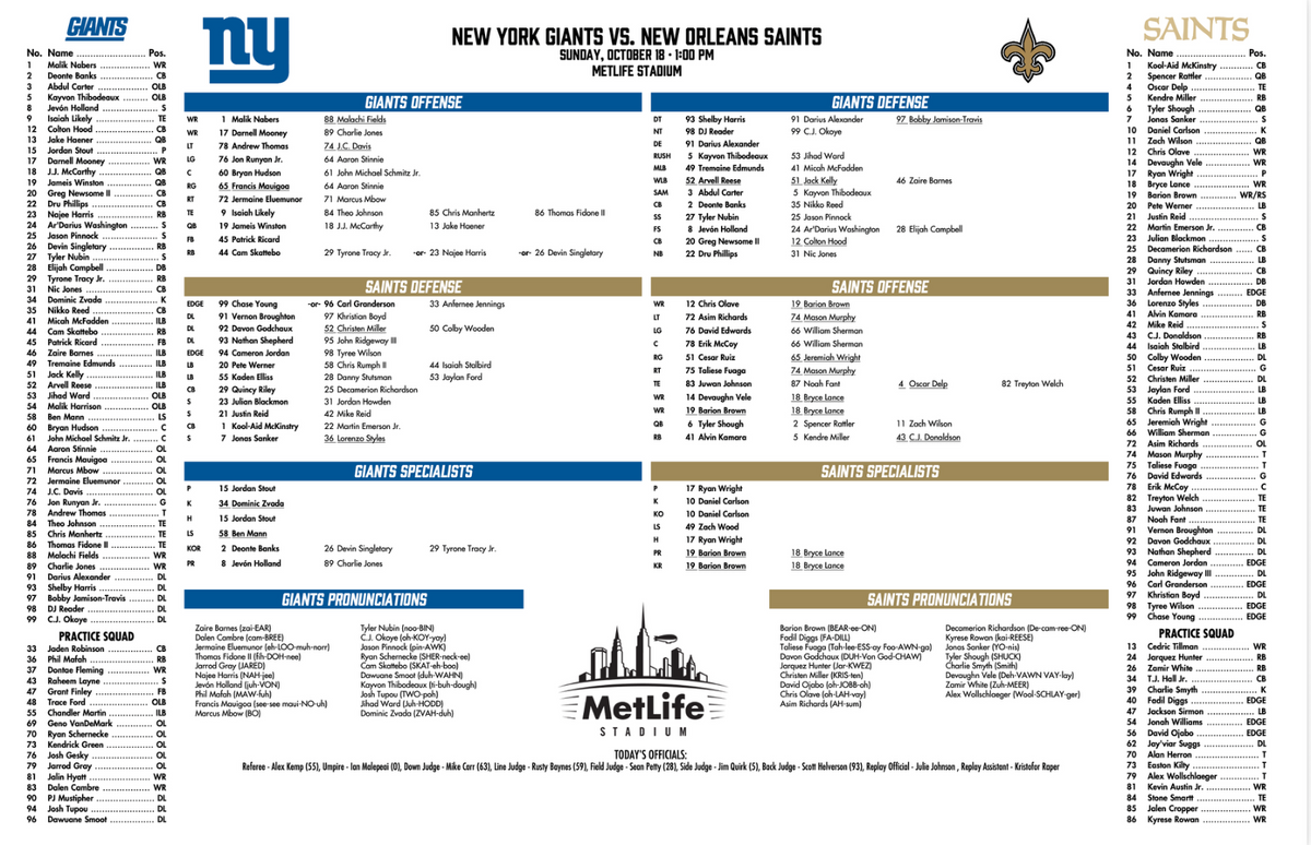 2026 NFL New York Giants vs New Orleans Saints 10/18/26 Flip Card Program