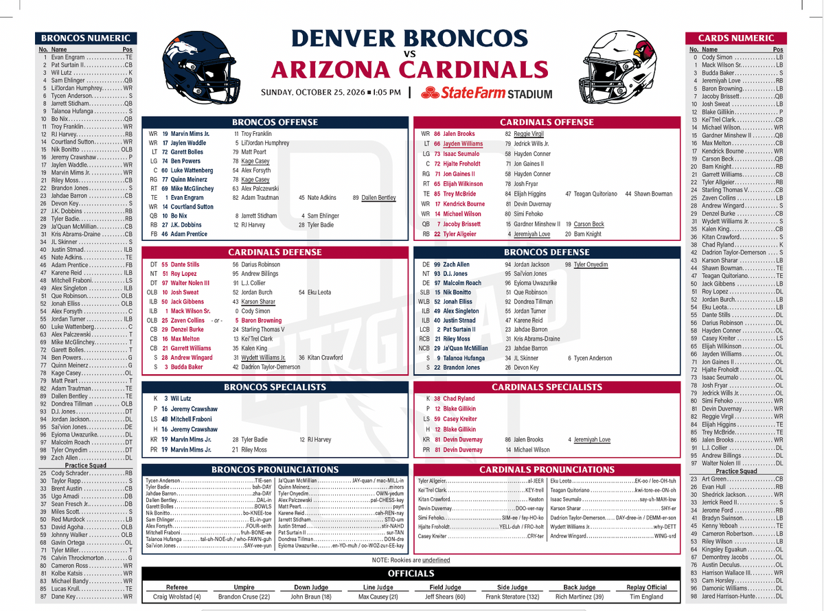 2026 NFL Denver Broncos vs Arizona Cardinals 10/25/26 Flip Card Program