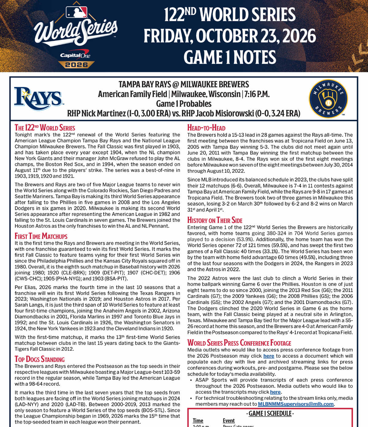 2026 World Series Media Notes Game 1 10/23 Milwaukee Brewers Tampa Bay Rays