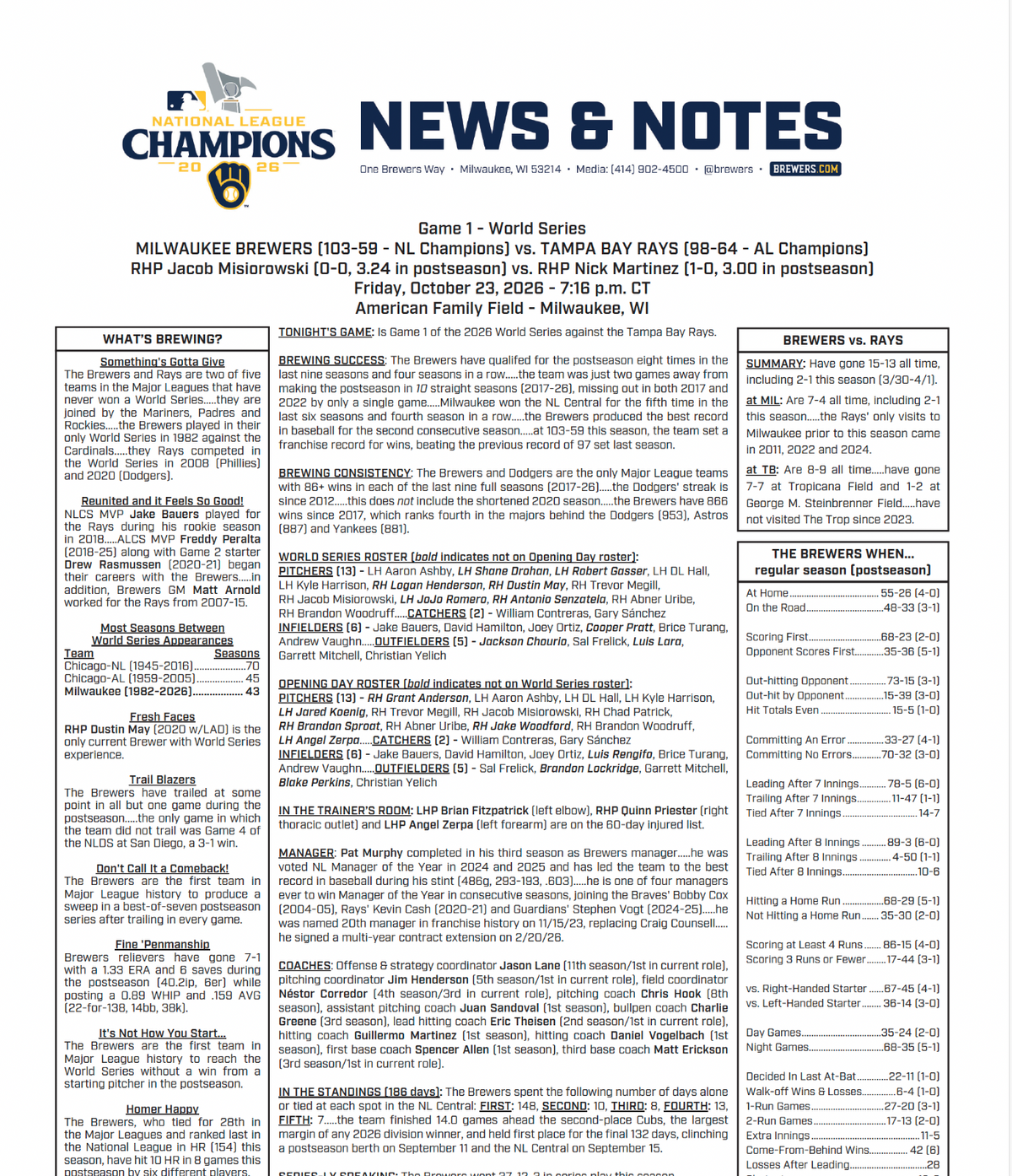 2026 World Series Media Notes Game 1 10/23 Milwaukee Brewers Tampa Bay Rays