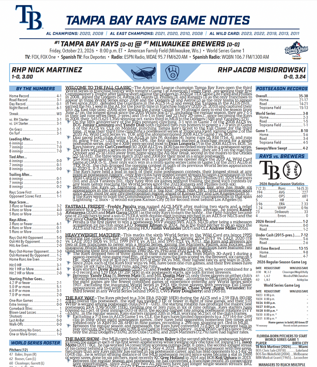 2026 World Series Media Notes Game 1 10/23 Milwaukee Brewers Tampa Bay Rays