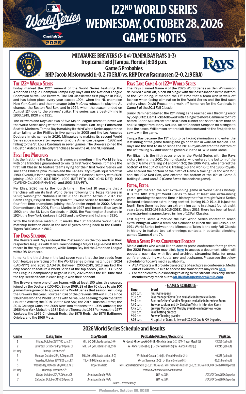2026 World Series Media Notes Program Game 5 10/28 Milwaukee Brewers Champions